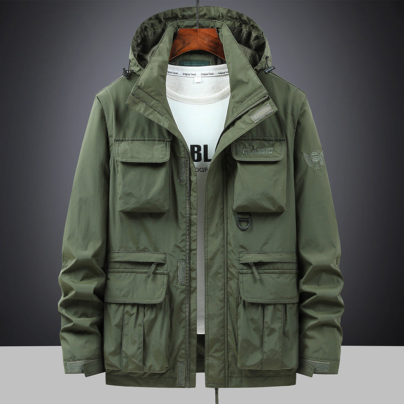 Men’s Hooded Utility Jacket with Multi-Pocket Design