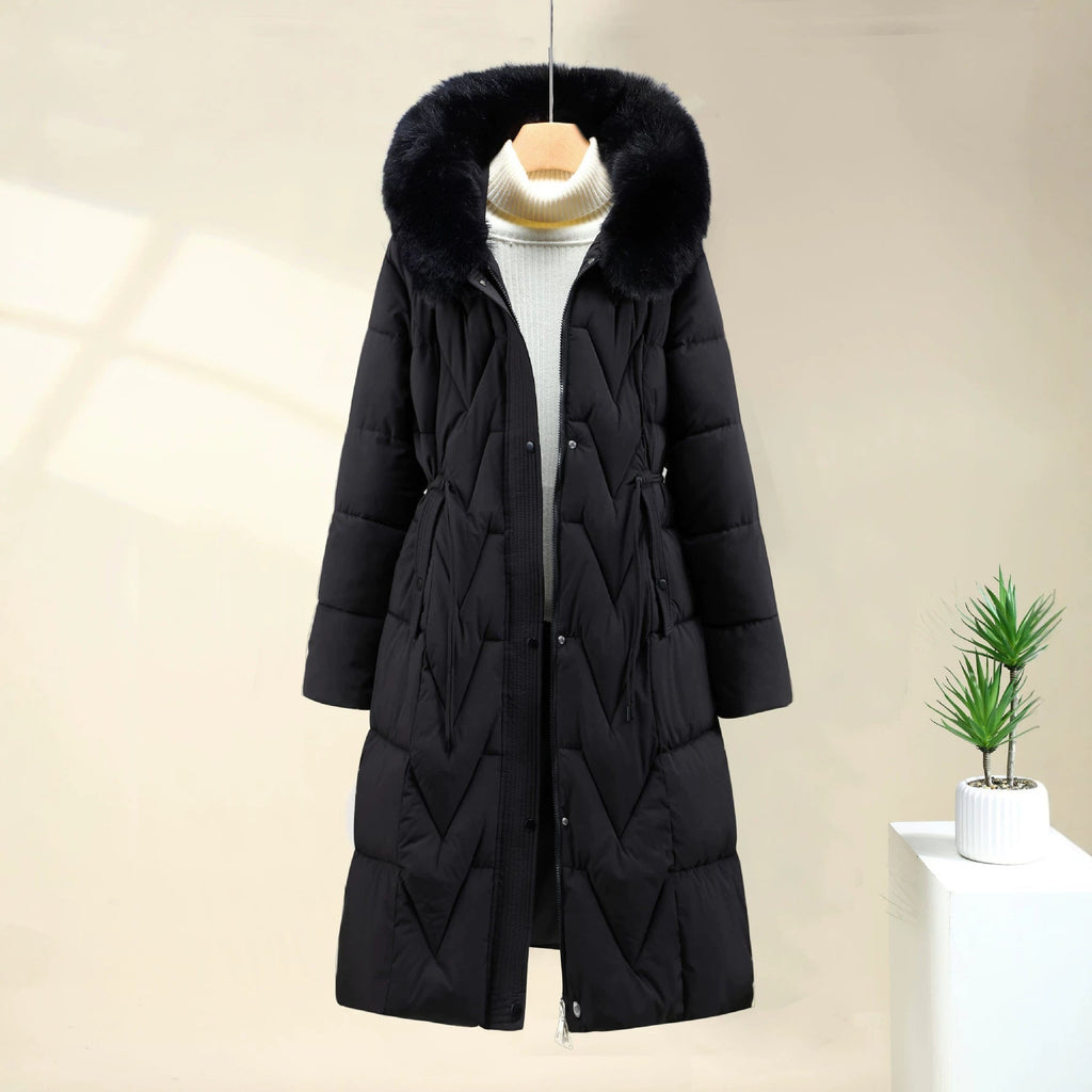 Manteau matelassé long pour femme, rembourré, avec capuche en fausse fourrure
