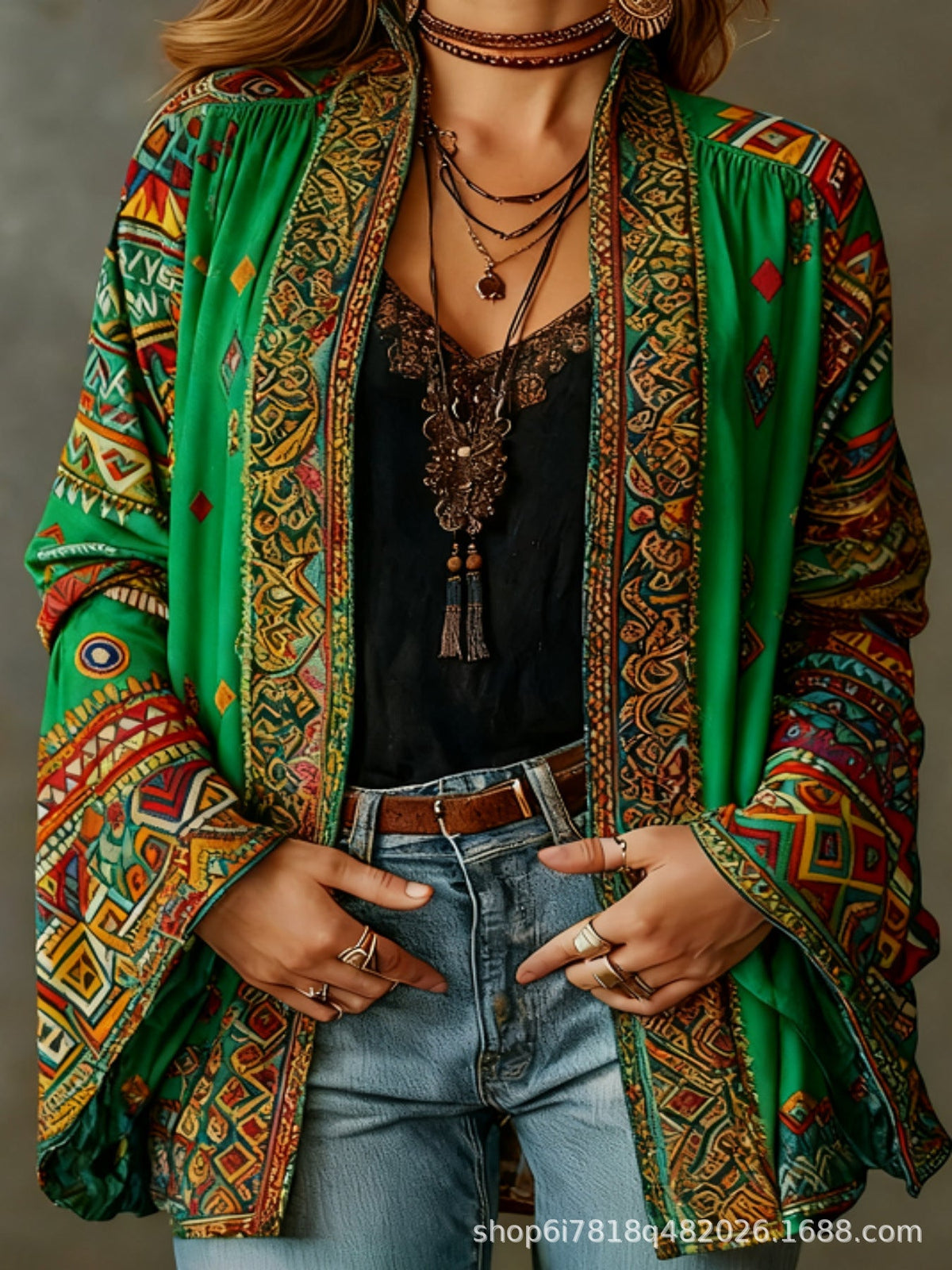 Aksamitna kurtka damska w stylu boho | flanelowy płaszcz o luźnym kroju