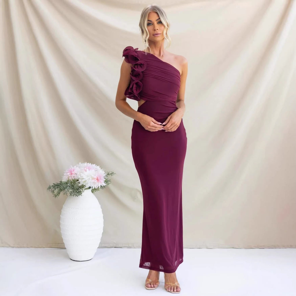 Women’s One-Shoulder Ruffle Maxi Dress with Ruched Detail
