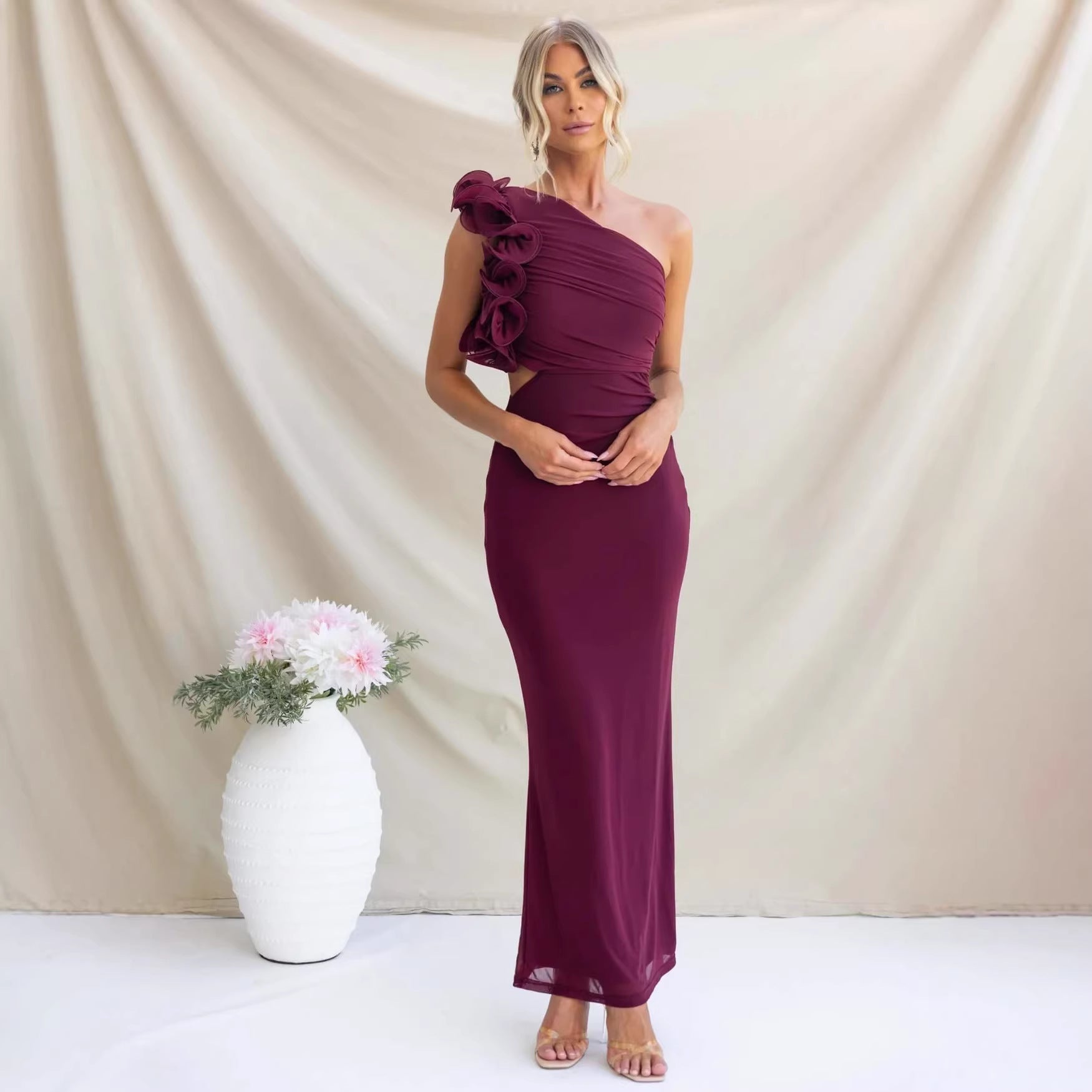 Women’s One-Shoulder Ruffle Maxi Dress with Ruched Detail