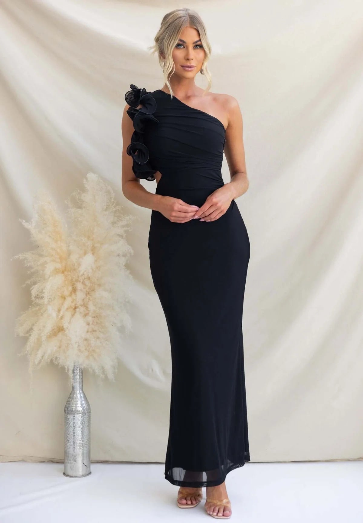 Women’s One-Shoulder Ruffle Maxi Dress with Ruched Detail