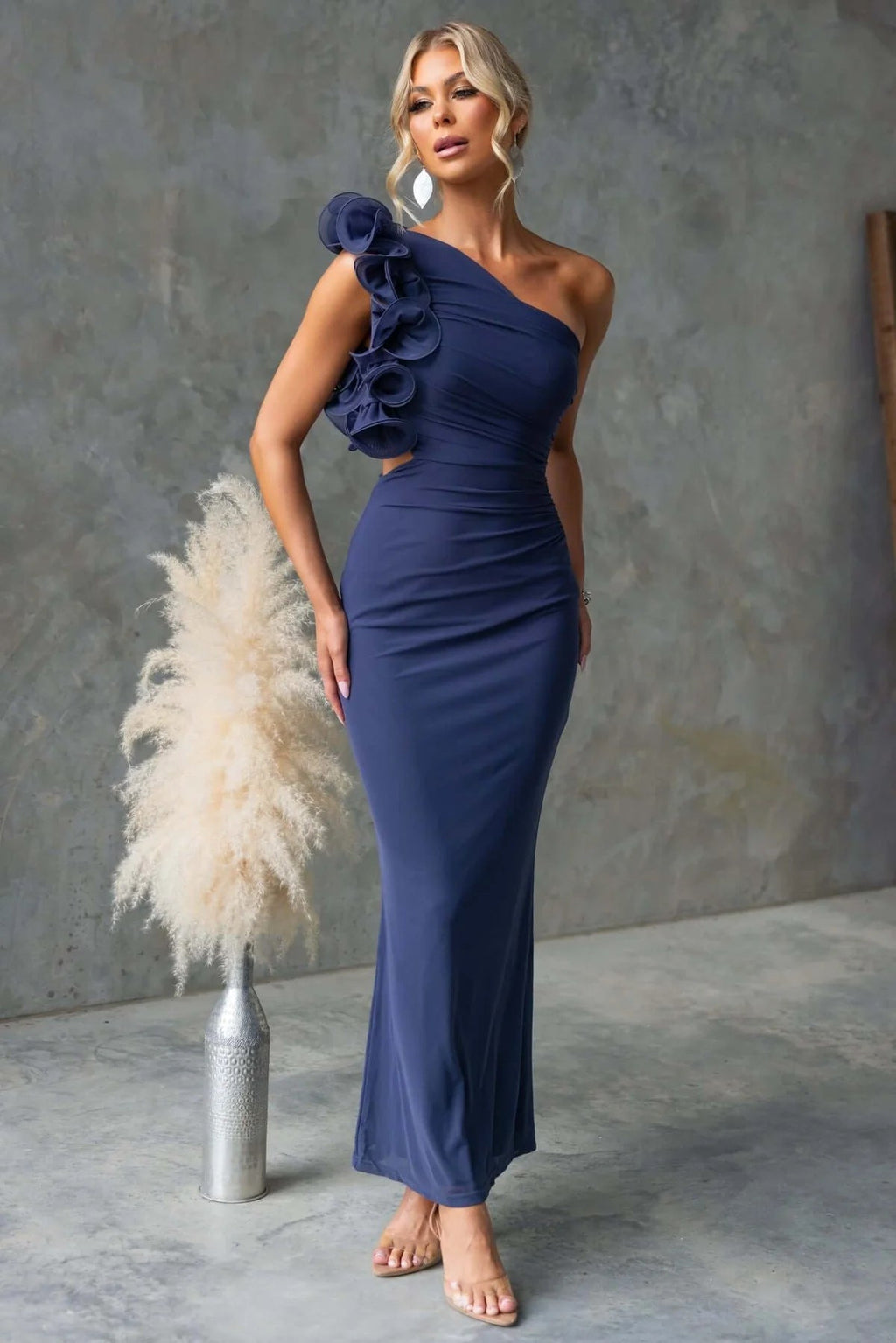Women’s One-Shoulder Ruffle Maxi Dress with Ruched Detail
