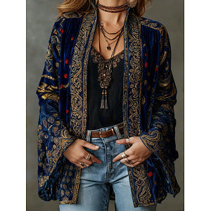 Aksamitna kurtka damska w stylu boho | flanelowy płaszcz o luźnym kroju
