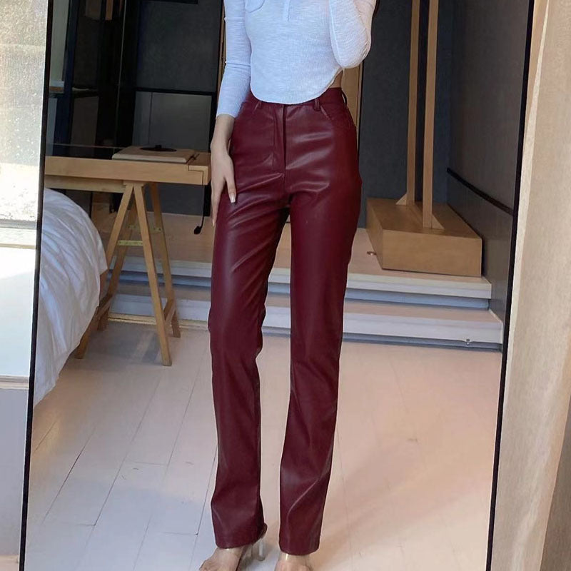 Pantalon large taille haute pour femme en simili cuir