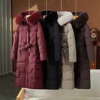 Women’s Long Padded Winter Coat with Faux Fur Hood & Belt