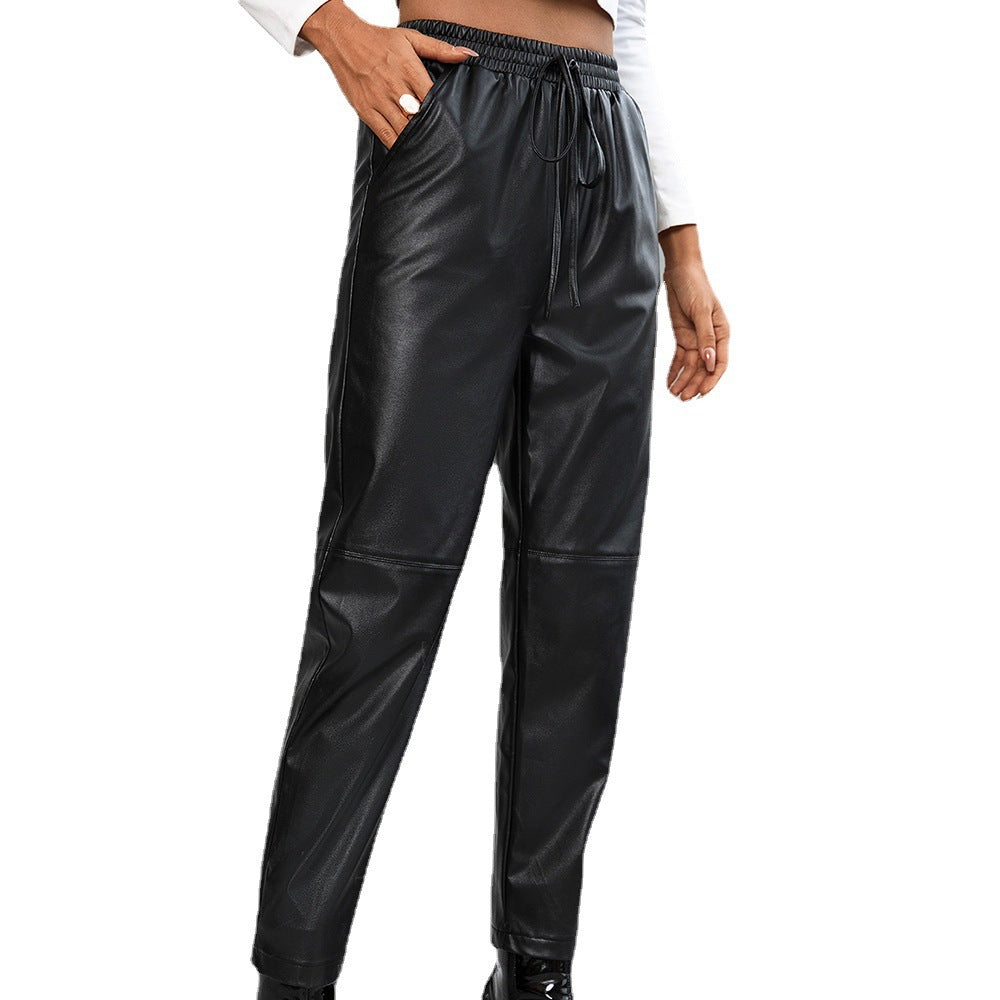 Pantalon fuselé pour femme en similicuir avec cordon de serrage