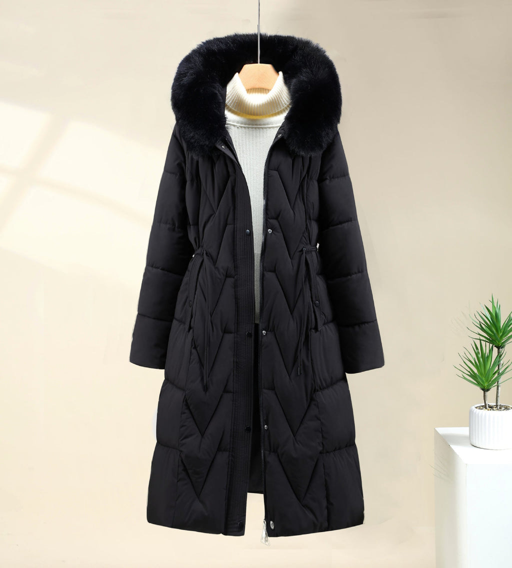 Manteau matelassé long pour femme, rembourré, avec capuche en fausse fourrure