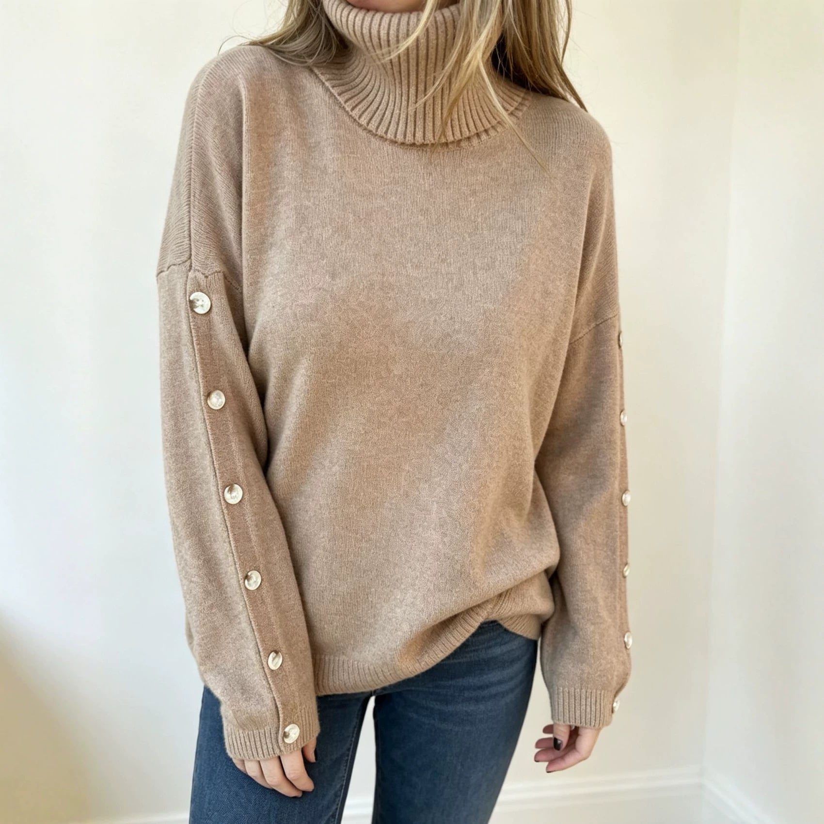Women’s Roll Neck Jumper with Button Sleeves