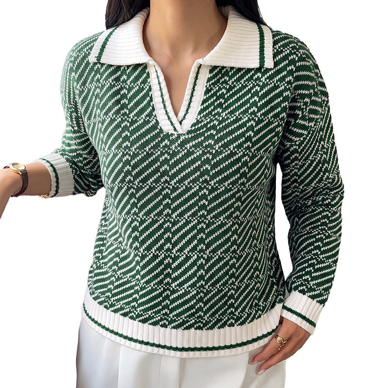 Pull tricoté à motifs pour femme avec col chemise