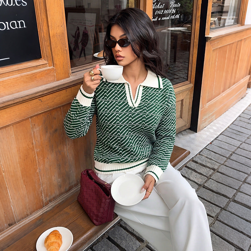 Pull tricoté à motifs pour femme avec col chemise
