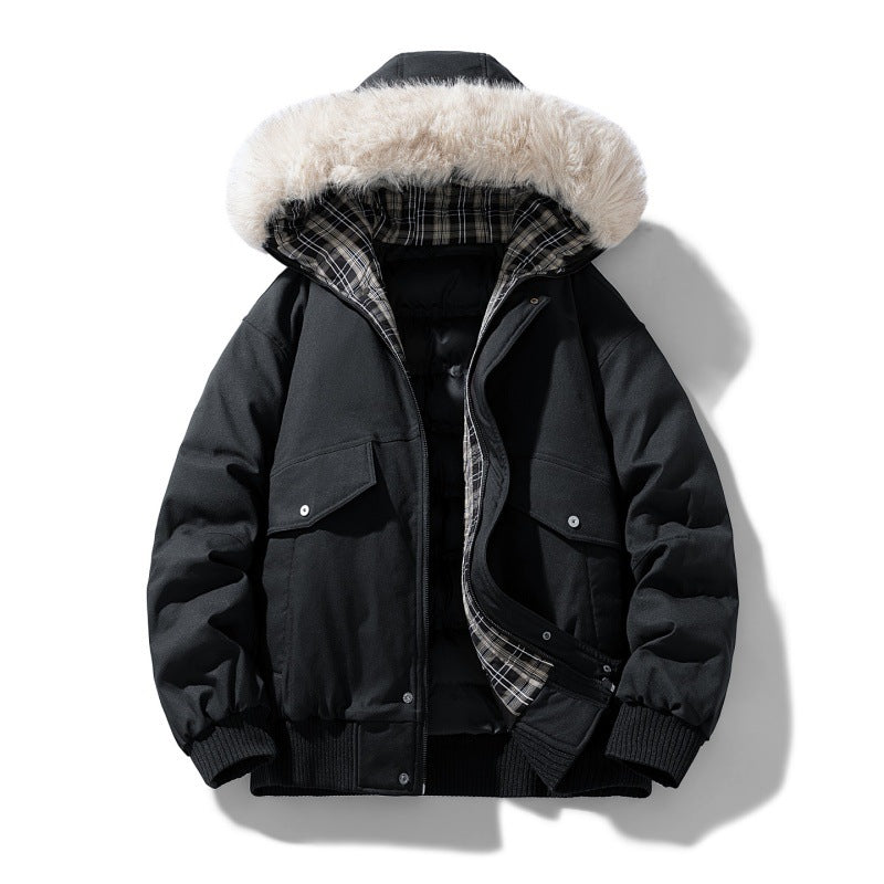 Blouson aviateur matelassé pour homme, à capuche et bordure en fausse fourrure