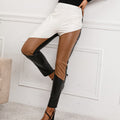 Pantalon femme taille haute en similicuir à empiècements colorés