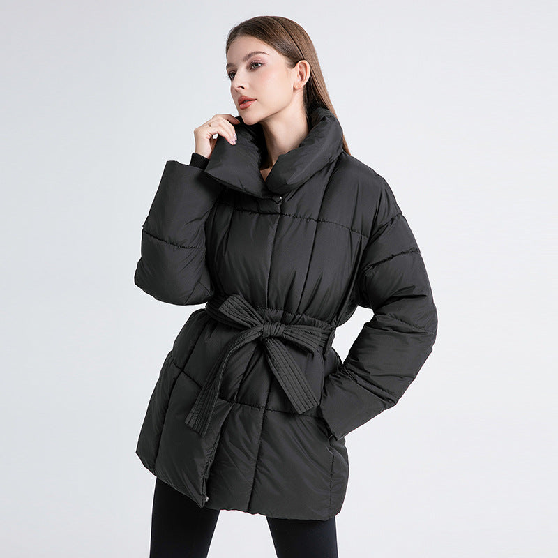 Women's Belted Puffer Jacket with High Collar