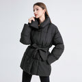 Women's Belted Puffer Jacket with High Collar