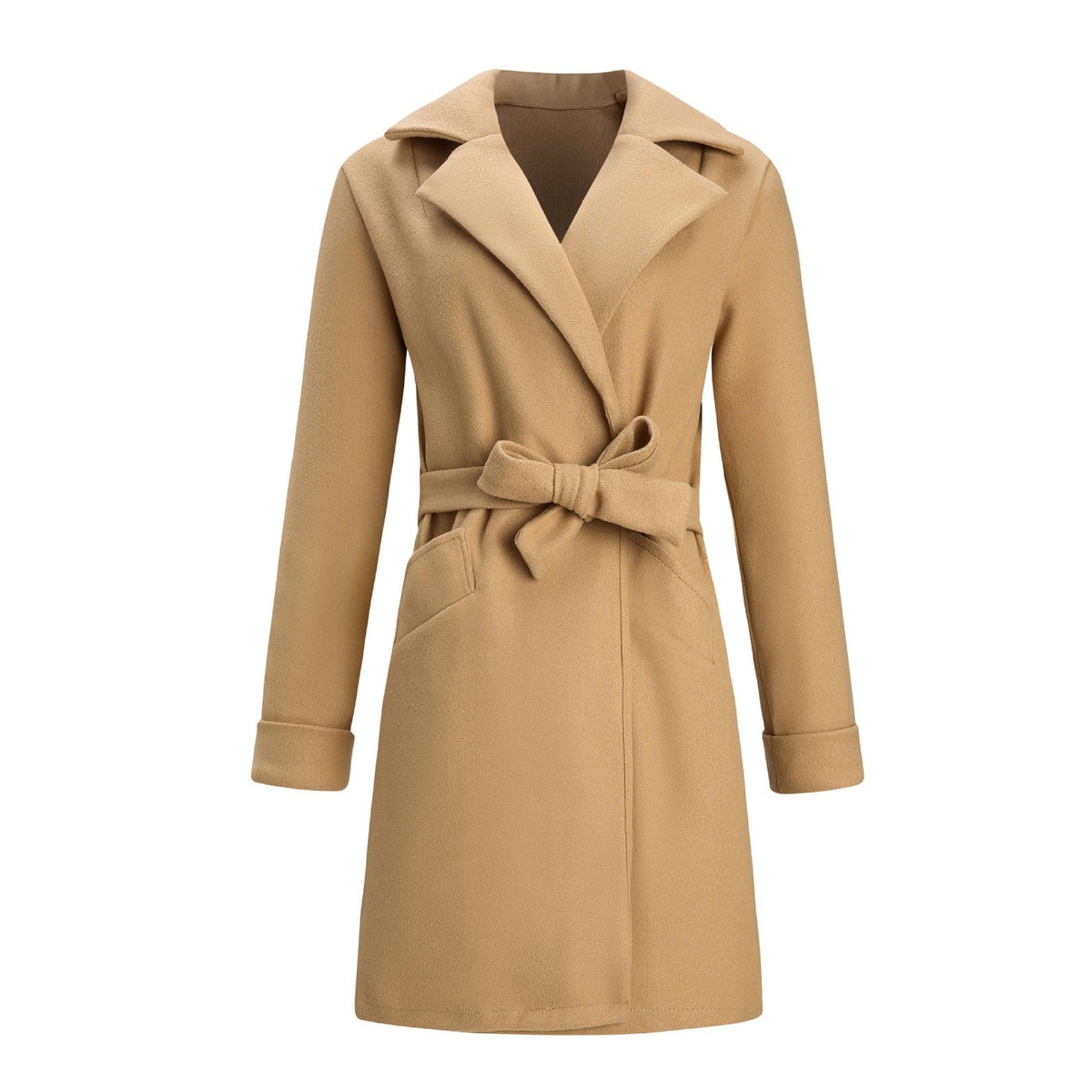 Women's Long Wool-Blend Coat with Tie Belt