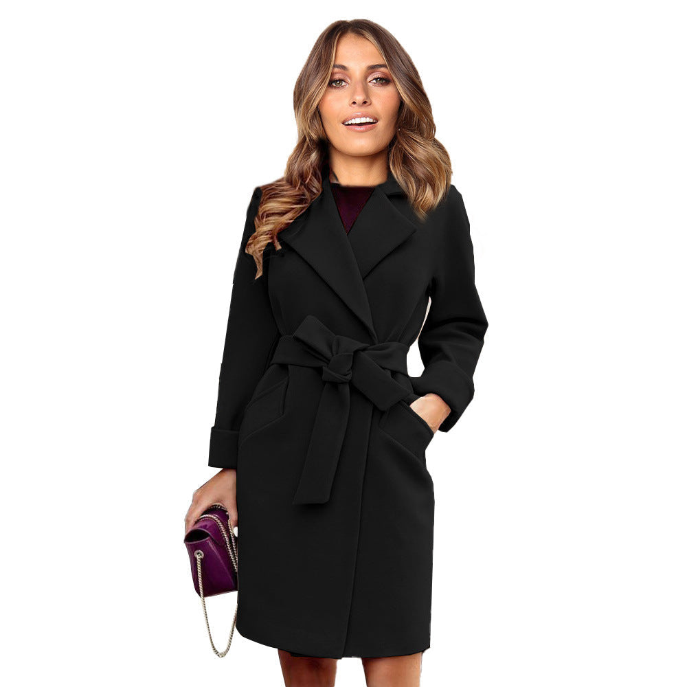 Women's Long Wool-Blend Coat with Tie Belt