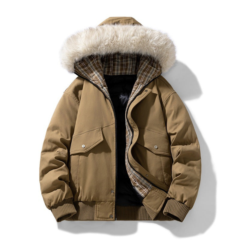 Blouson aviateur matelassé pour homme, à capuche et bordure en fausse fourrure