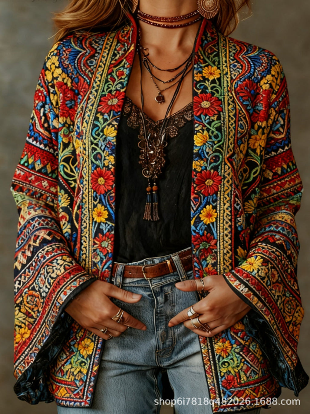 Aksamitna kurtka damska w stylu boho | flanelowy płaszcz o luźnym kroju