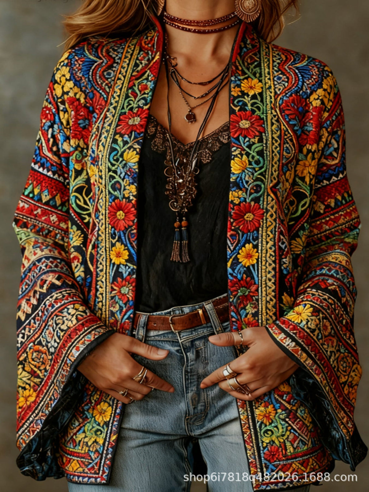 Aksamitna kurtka damska w stylu boho | flanelowy płaszcz o luźnym kroju