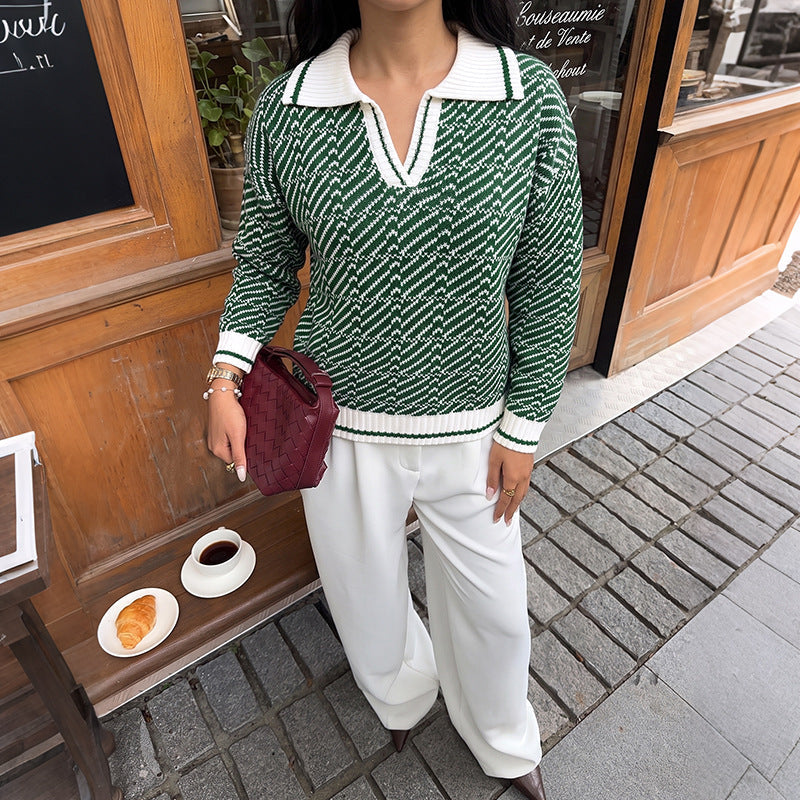 Pull tricoté à motifs pour femme avec col chemise