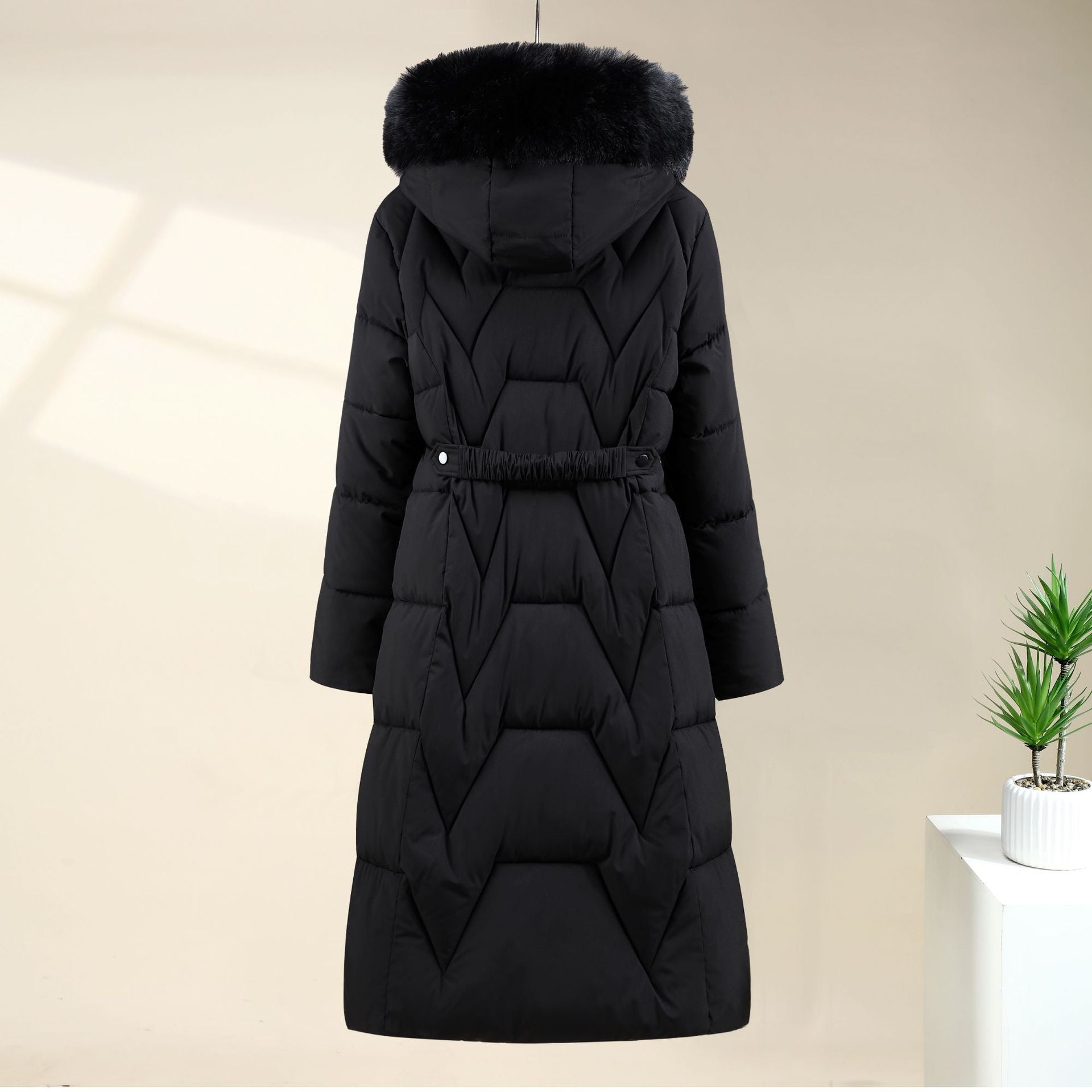 Manteau matelassé long pour femme, rembourré, avec capuche en fausse fourrure
