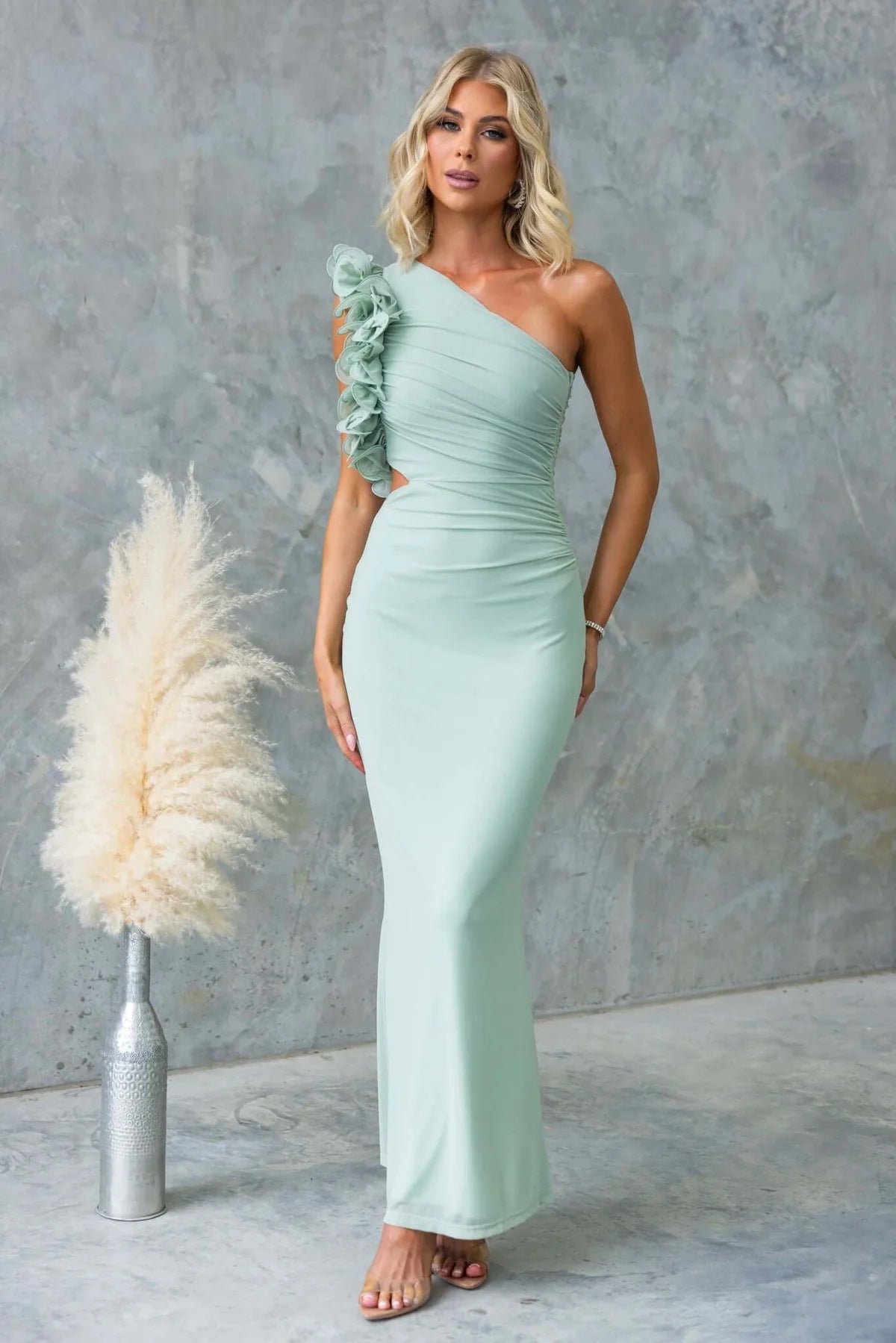 Women’s One-Shoulder Ruffle Maxi Dress with Ruched Detail
