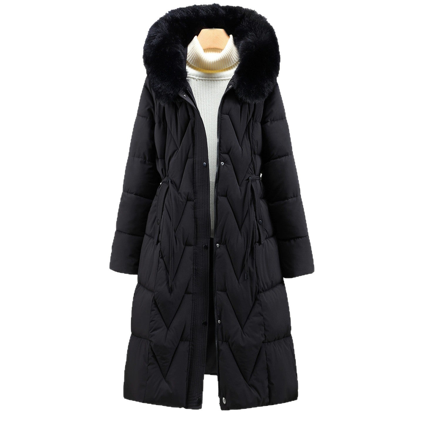 Manteau matelassé long pour femme, rembourré, avec capuche en fausse fourrure