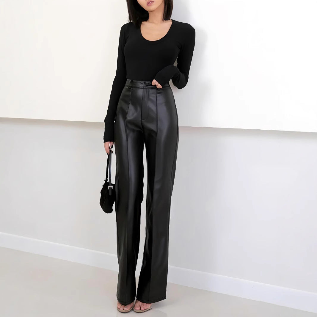 Pantalon large taille haute pour femme en simili cuir