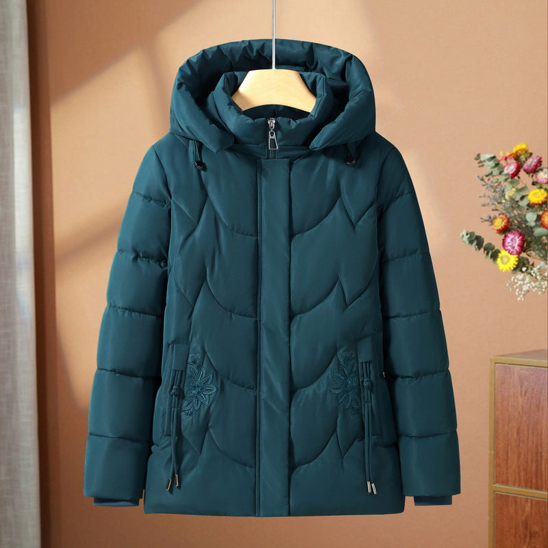 Women’s Hooded Puffer Jacket with Embroidered Pockets