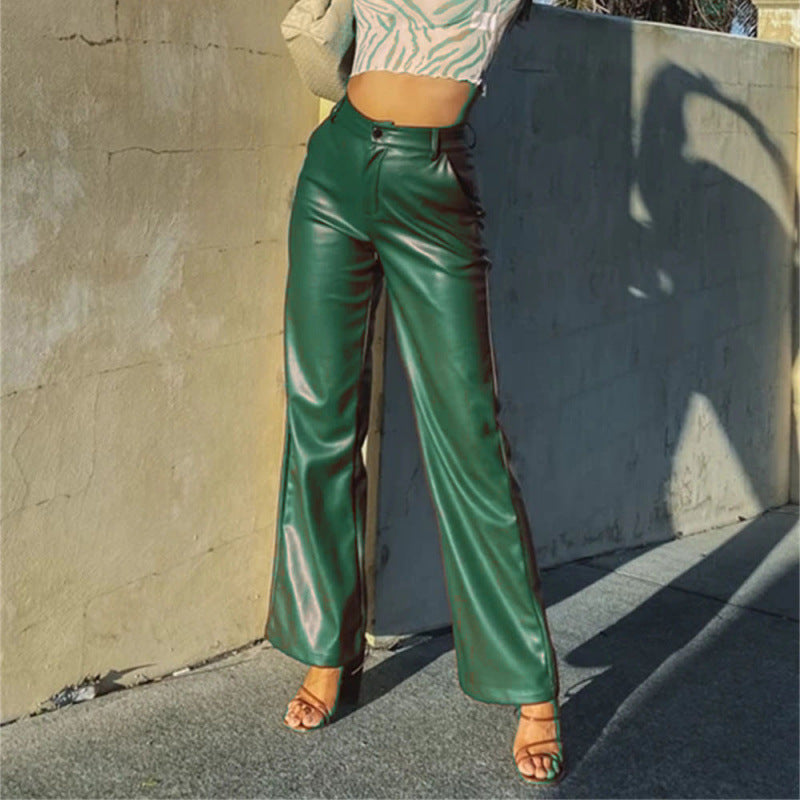 Pantalon large taille haute pour femme en simili cuir
