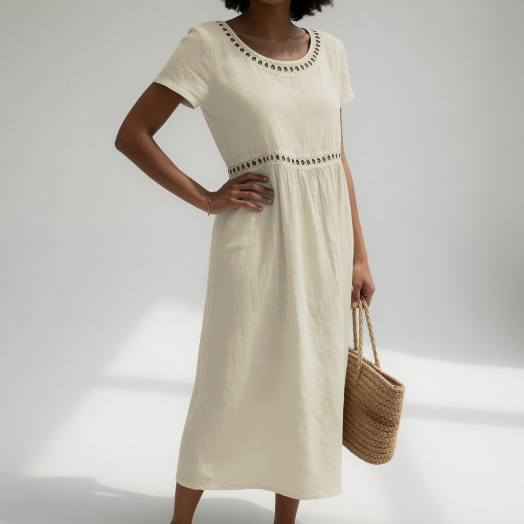 Women's Cotton Blend Midi Dress with Lace Detail for Summer