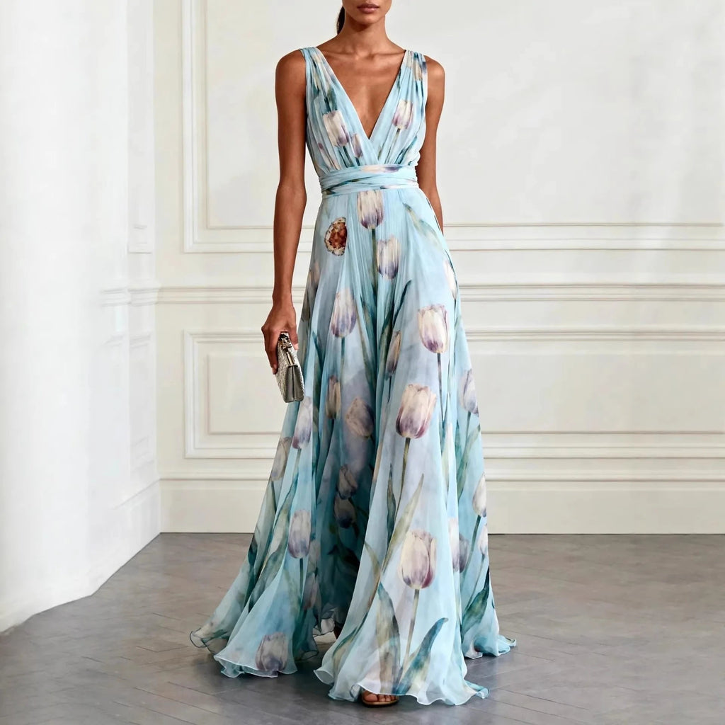 Women's Floral V-Neck Chiffon Maxi Dress