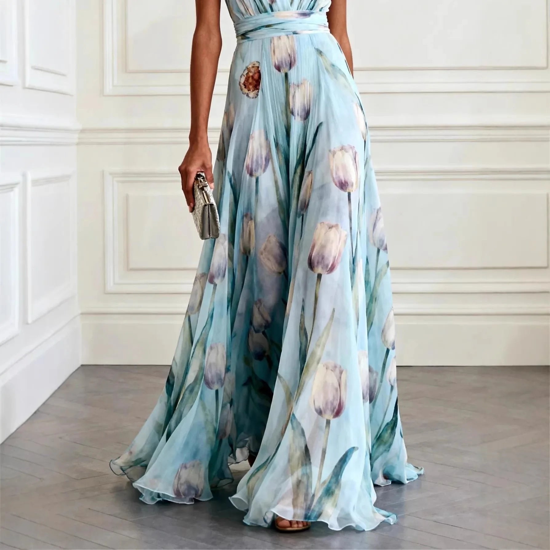 Women's Floral V-Neck Chiffon Maxi Dress