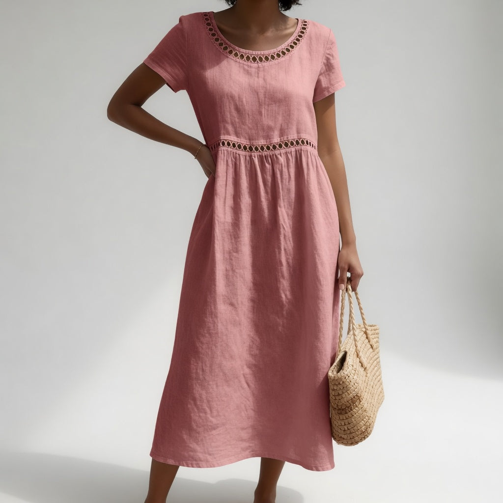 Women's Cotton Blend Midi Dress with Lace Detail for Summer