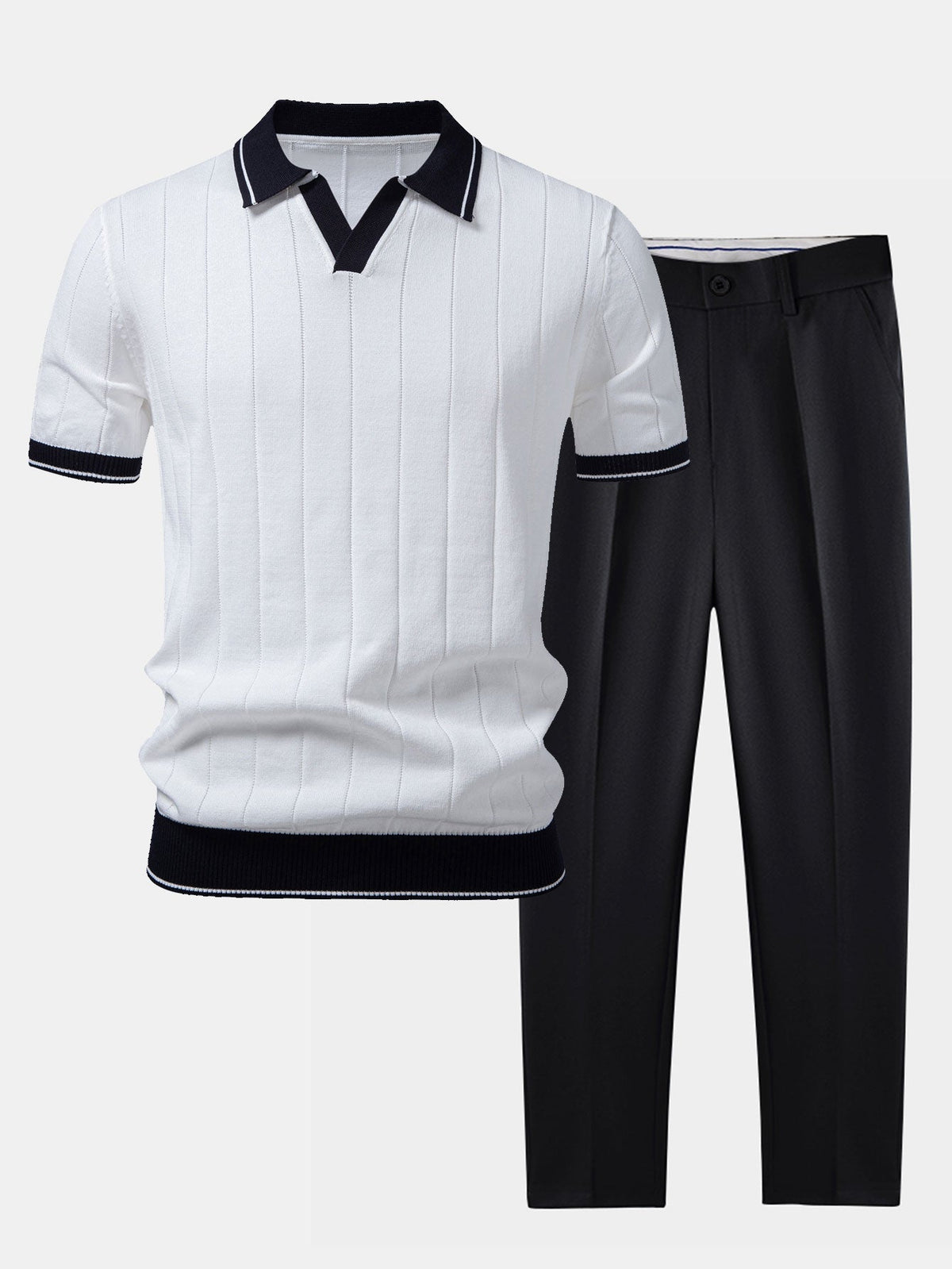 Men's Ribbed-Knit Polo & Tapered Trousers Co-Ord Set