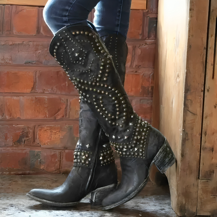 Bottes de cowboy western cloutées montantes jusqu’au genou pour femme
