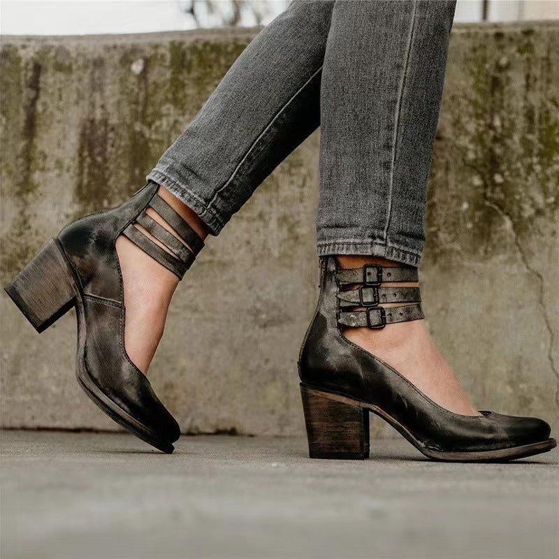 Women's Leather Block Heel Shoes for Autumn