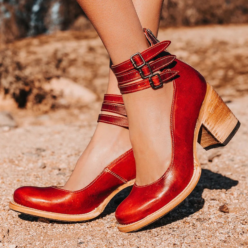 Women's Leather Block Heel Shoes for Autumn