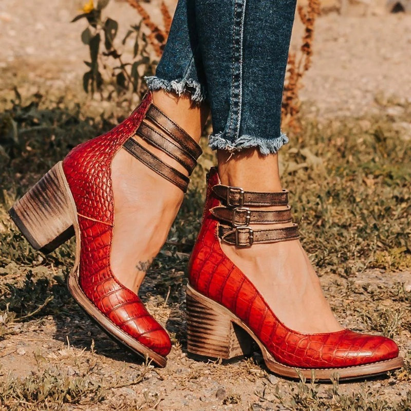 Women's Leather Block Heel Shoes for Autumn