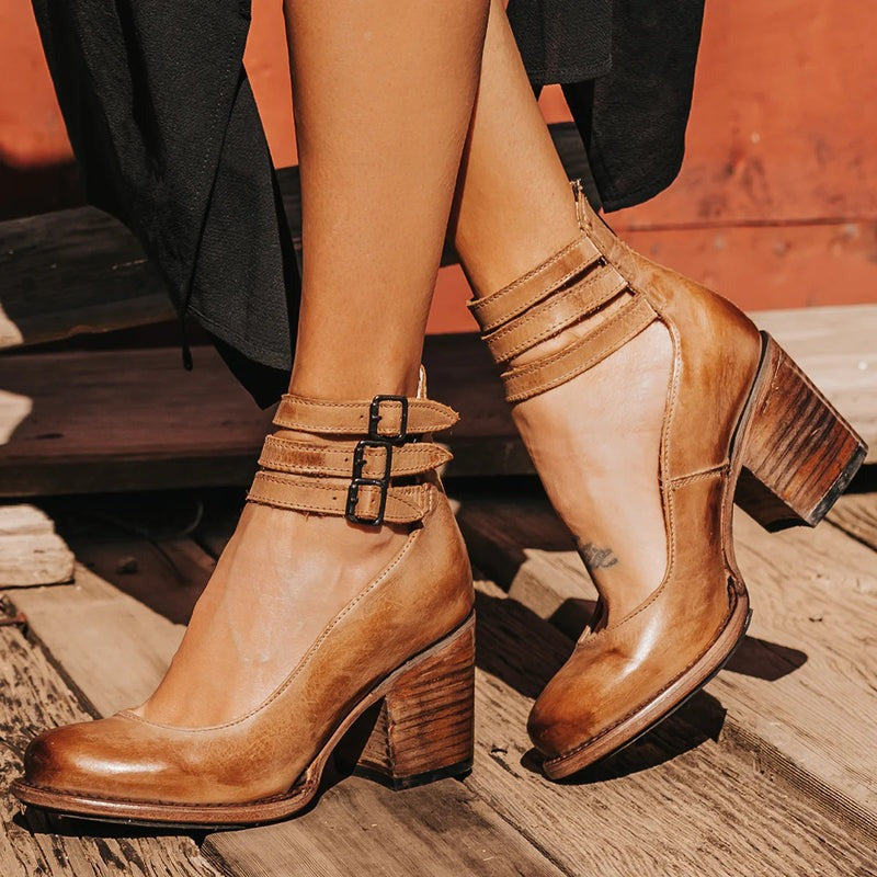 Women's Leather Block Heel Shoes for Autumn