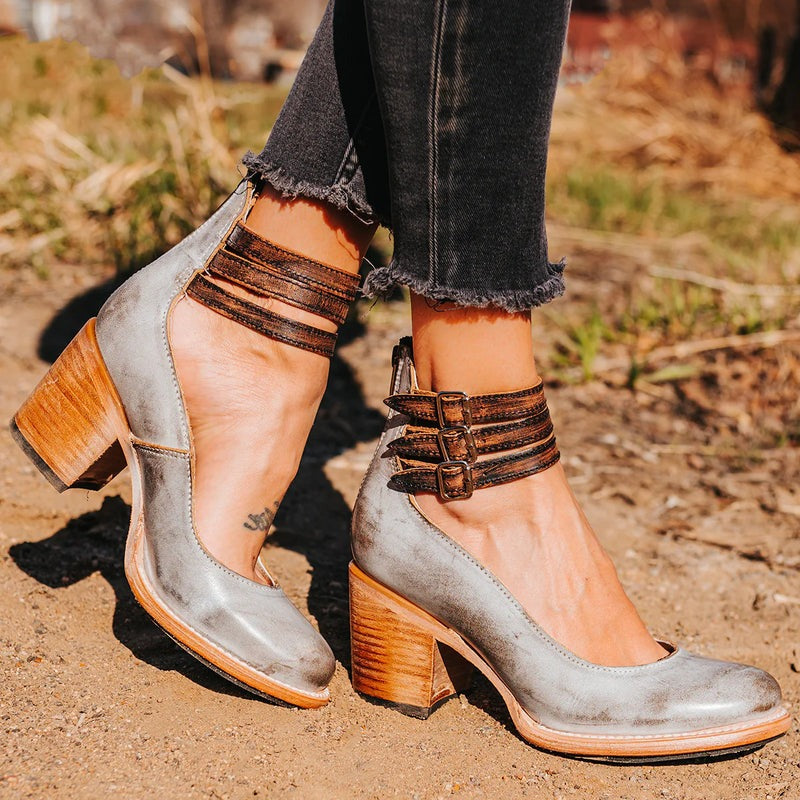 Women's Leather Block Heel Shoes for Autumn