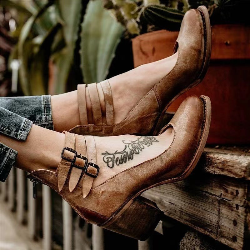 Women's Leather Block Heel Shoes for Autumn