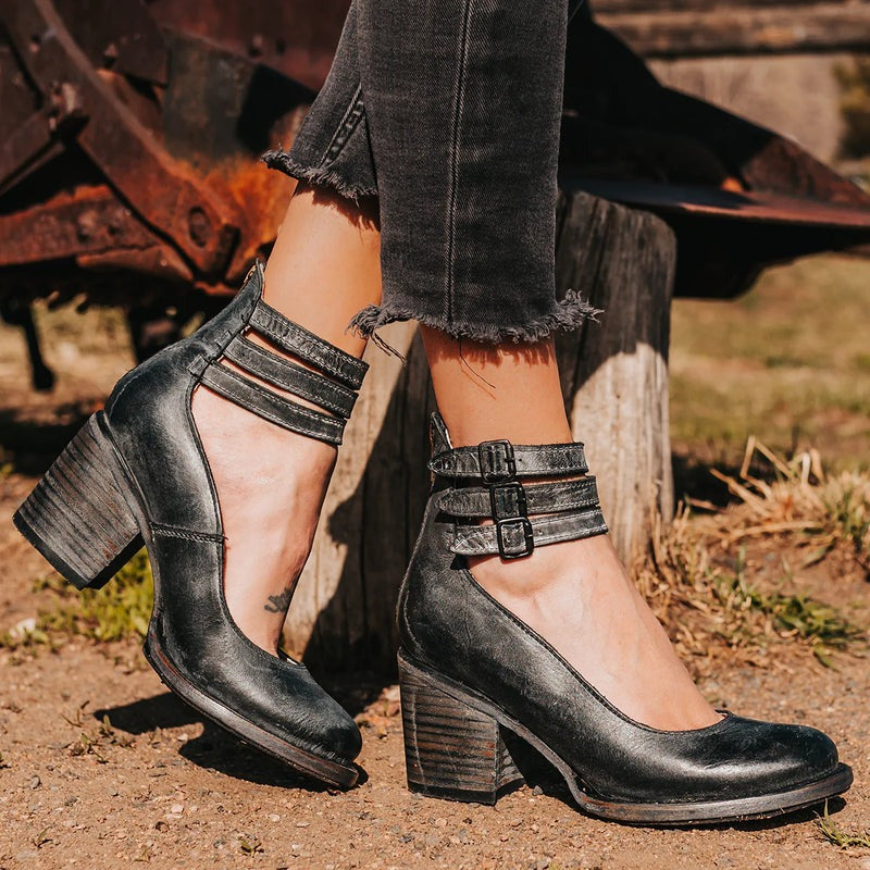 Women's Leather Block Heel Shoes for Autumn