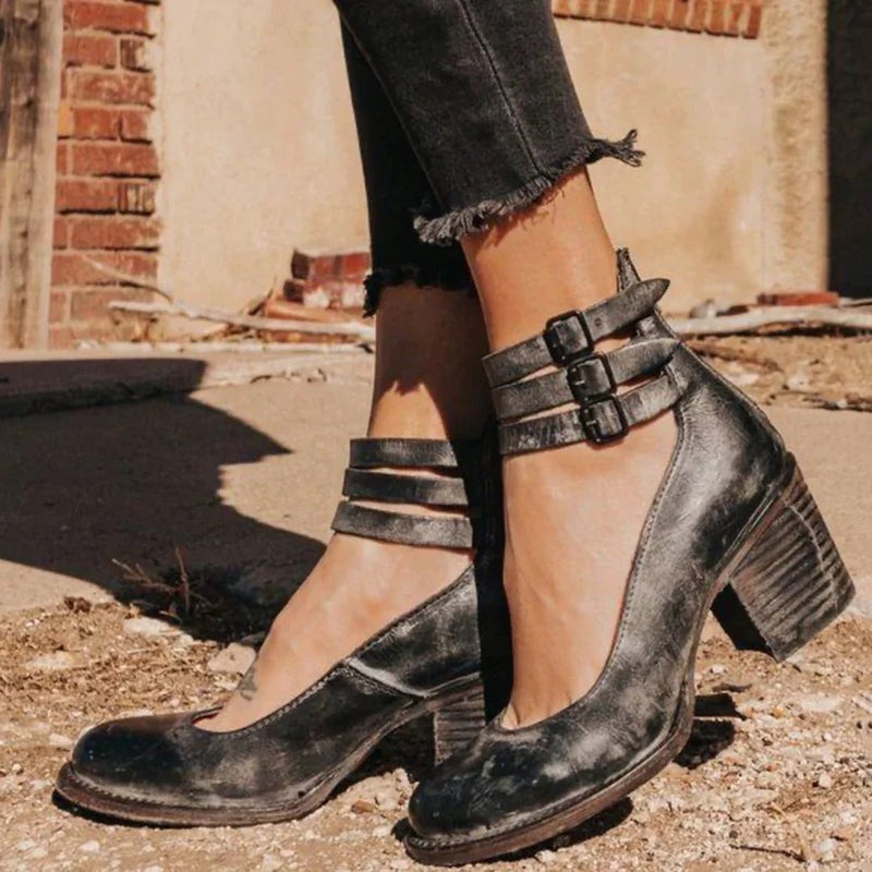 Women's Leather Block Heel Shoes for Autumn