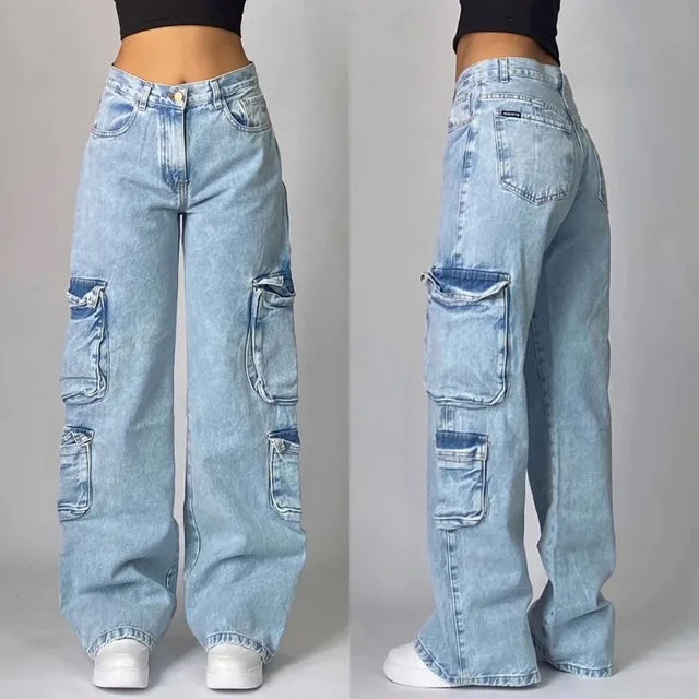 Women’s Wide-Leg Denim Cargo Jeans with Utility Pockets
