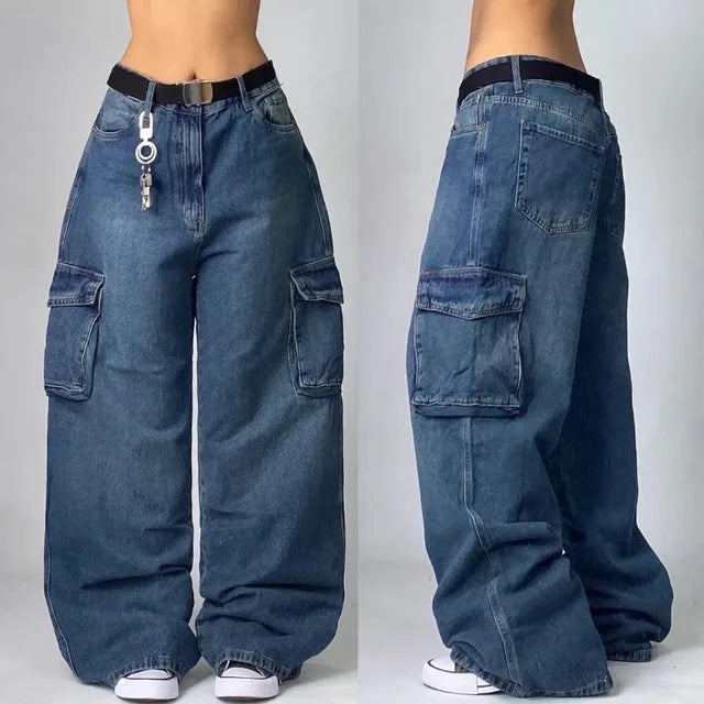 Women’s Wide-Leg Denim Cargo Jeans with Utility Pockets
