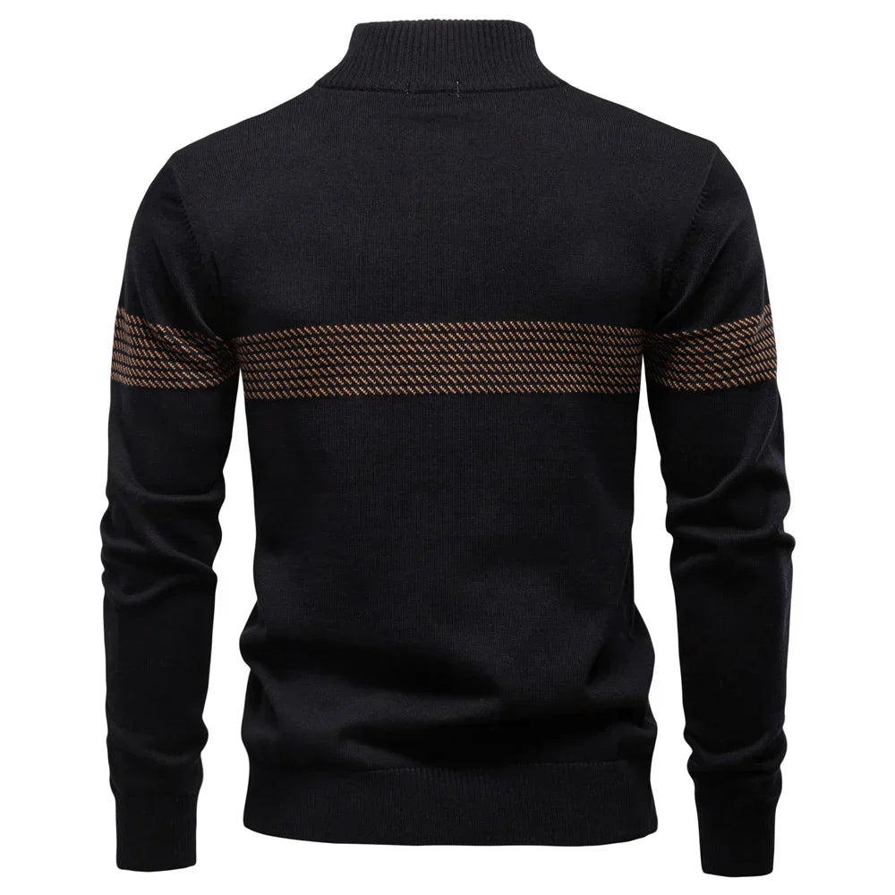 Męski dzianinowy sweter z krótkim zamkiem | Sweter z prążkowanym detalem