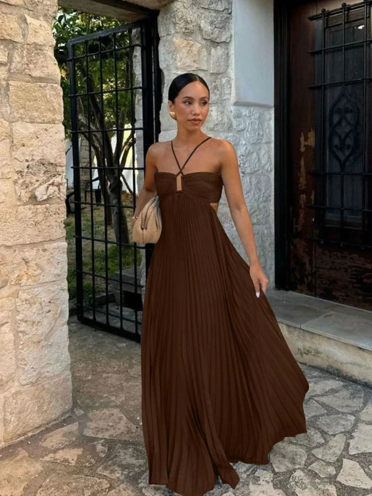 Women's Pleated Halter Maxi Dress | Strappy A-Line