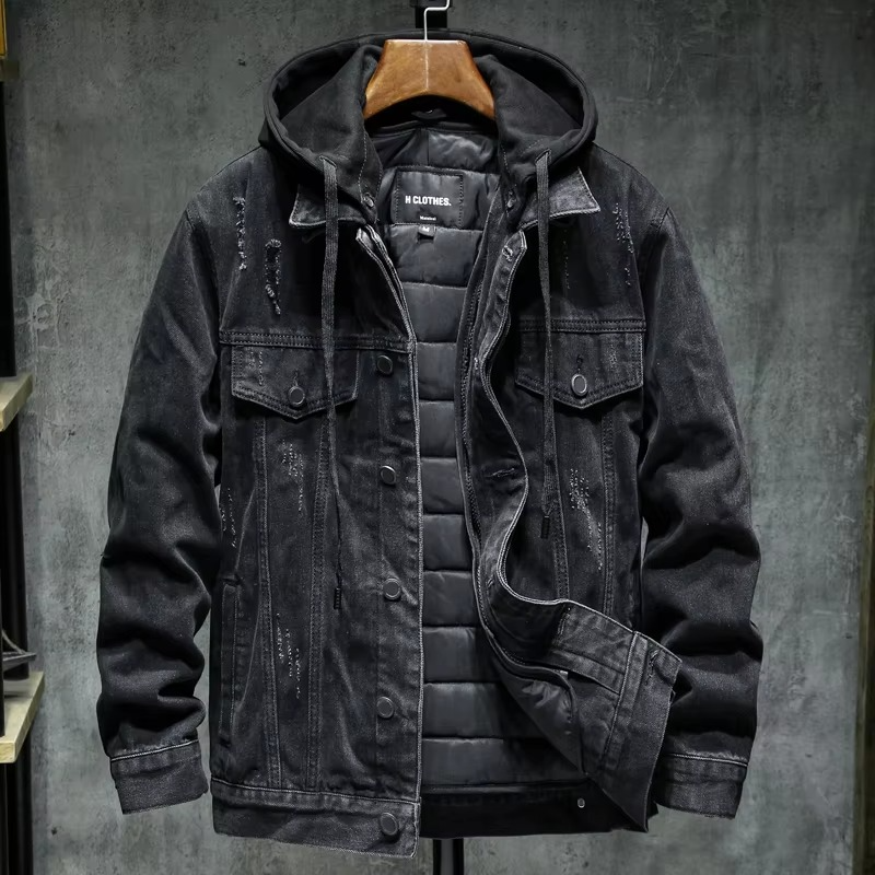 Veste en jean noire à capuche pour homme | Manteau d’hiver doublé en polaire